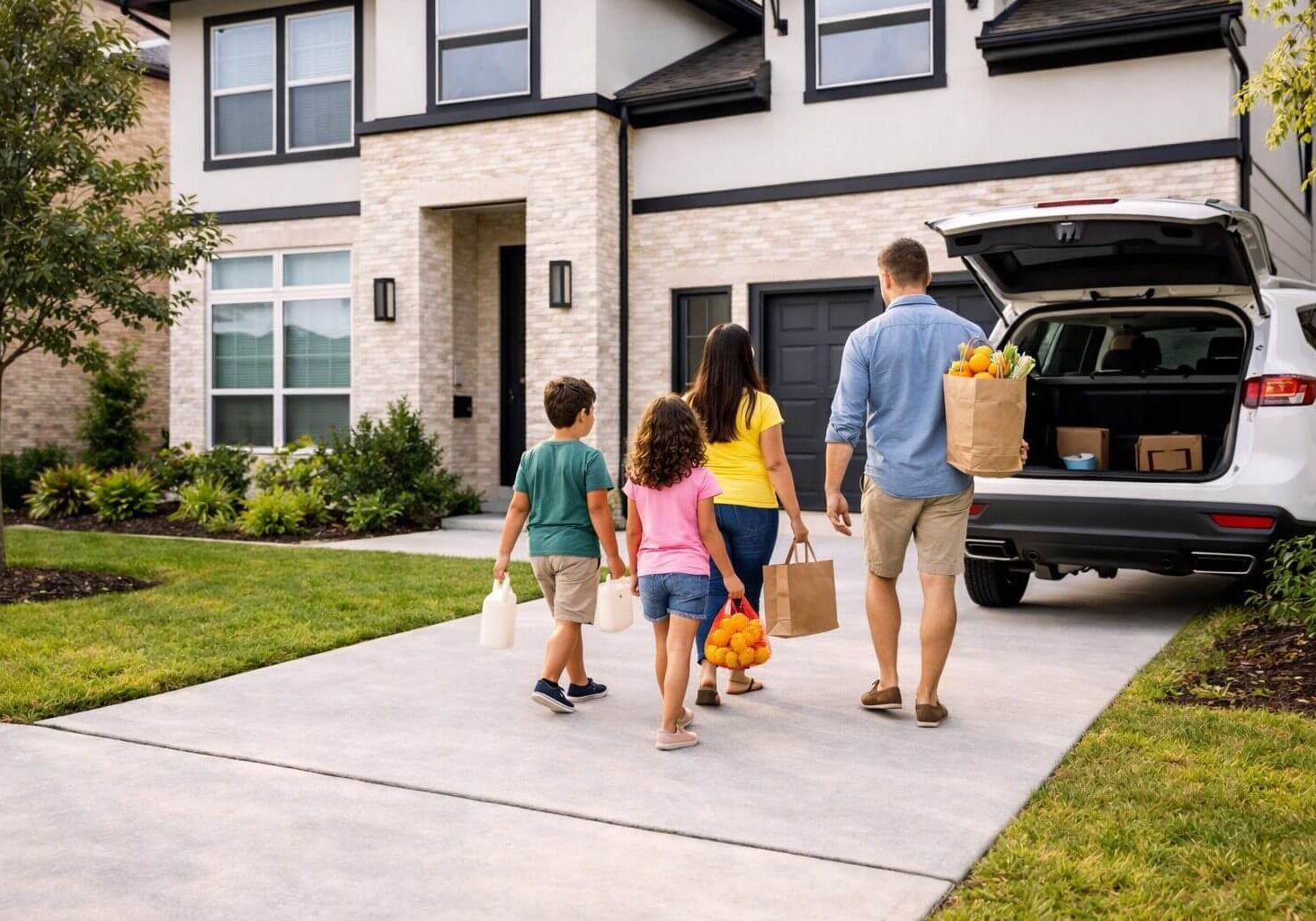 Houston family arriving home with groceries at suburban house – homeowners insurance and auto bundle